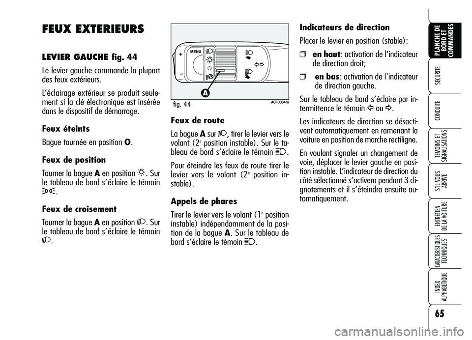 Alfa Romeo Brera/Spider 2007 Notice dentretien (in French) 65
SECURITE
TEMOINS ET
SIGNALISATIONS
S’IL VOUS
ARRIVE
ENTRETIEN
DE LA VOITURE
CARACTERISTIQUES TECHNIQUES
INDEX
ALPHABETIQUE
PLANCHE DE
BORD ET
COMMANDES
CONDUITE
FEUX EXTERIEURS
LEVIER GAUCHE Alfa Romeo Brera/Spider 2007 Notice dentretien (in French) 65
SECURITE
TEMOINS ET
SIGNALISATIONS
S’IL VOUS
ARRIVE
ENTRETIEN
DE LA VOITURE
CARACTERISTIQUES TECHNIQUES
INDEX
ALPHABETIQUE
PLANCHE DE
BORD ET
COMMANDES
CONDUITE
FEUX EXTERIEURS
LEVIER GAUCHE