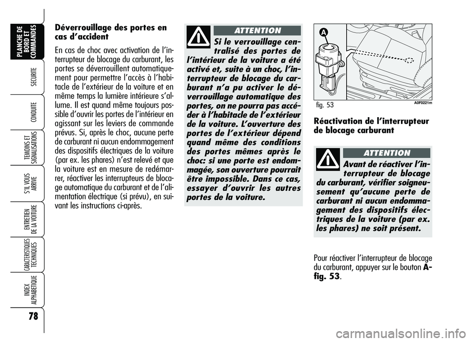 Alfa Romeo Brera/Spider 2007 Notice dentretien (in French) 78
SECURITE
TEMOINS ET
SIGNALISATIONS
S’IL VOUS
ARRIVE
ENTRETIEN
DE LA VOITURE
CARACTERISTIQUES TECHNIQUES
INDEX
ALPHABETIQUE
PLANCHE DE
BORD ET
COMMANDES
CONDUITE
Si le verrouillage cen-
tralis Alfa Romeo Brera/Spider 2007 Notice dentretien (in French) 78
SECURITE
TEMOINS ET
SIGNALISATIONS
S’IL VOUS
ARRIVE
ENTRETIEN
DE LA VOITURE
CARACTERISTIQUES TECHNIQUES
INDEX
ALPHABETIQUE
PLANCHE DE
BORD ET
COMMANDES
CONDUITE
Si le verrouillage cen-
tralis