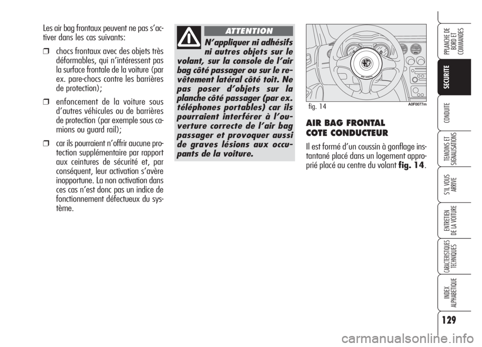 Alfa Romeo Brera/Spider 2008  Notice dentretien (in French) 129
SECURITE
TEMOINS ET 
SIGNALISATIONS
S’IL VOUS
ARRIVE
ENTRETIEN
DE LA VOITURE
CARACTERISTIQUES
TECH
NIQUES
INDEX
ALPHABETIQUE
PPLANCHE DE
BORD ET 
COMMANDES
CONDUITEAIR BAG FRONTAL 
COTE CONDUCTE