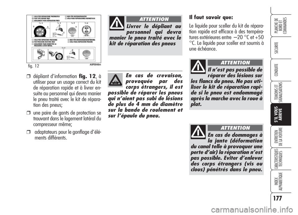 Alfa Romeo Brera/Spider 2008  Notice dentretien (in French) 177
SECURITE
TEMOINS ET
SIGNALISATIONS
S’IL VOUS
ARRIVE
ENTRETIEN
DE LA VOITURE
CARACTERISTIQUESTECHNIQUES
INDEX
ALPHABETIQUE
PLANCHE DE
BORD ET 
COMMANDES
CONDUITE
A0F0048mfig. 12
Il faut savoir qu