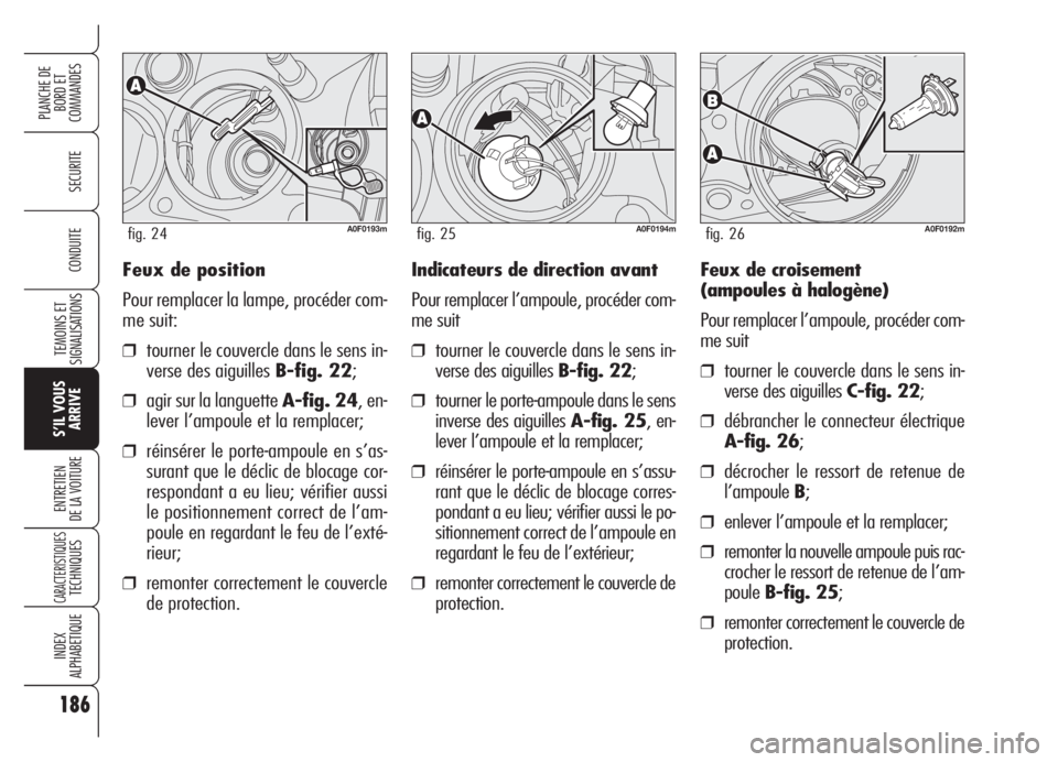 Alfa Romeo Brera/Spider 2008 Notice dentretien (in French) 186
SECURITE
TEMOINS ET
SIGNALISATIONS
S’IL VOUS
ARRIVE
ENTRETIEN
DE LA VOITURE
CARACTERISTIQUESTECHNIQUES
INDEX
ALPHABETIQUE
PLANCHE DE
BORD ET
COMMANDES
CONDUITEFeux de position
Pour remplacer la Alfa Romeo Brera/Spider 2008 Notice dentretien (in French) 186
SECURITE
TEMOINS ET
SIGNALISATIONS
S’IL VOUS
ARRIVE
ENTRETIEN
DE LA VOITURE
CARACTERISTIQUESTECHNIQUES
INDEX
ALPHABETIQUE
PLANCHE DE
BORD ET
COMMANDES
CONDUITEFeux de position
Pour remplacer la