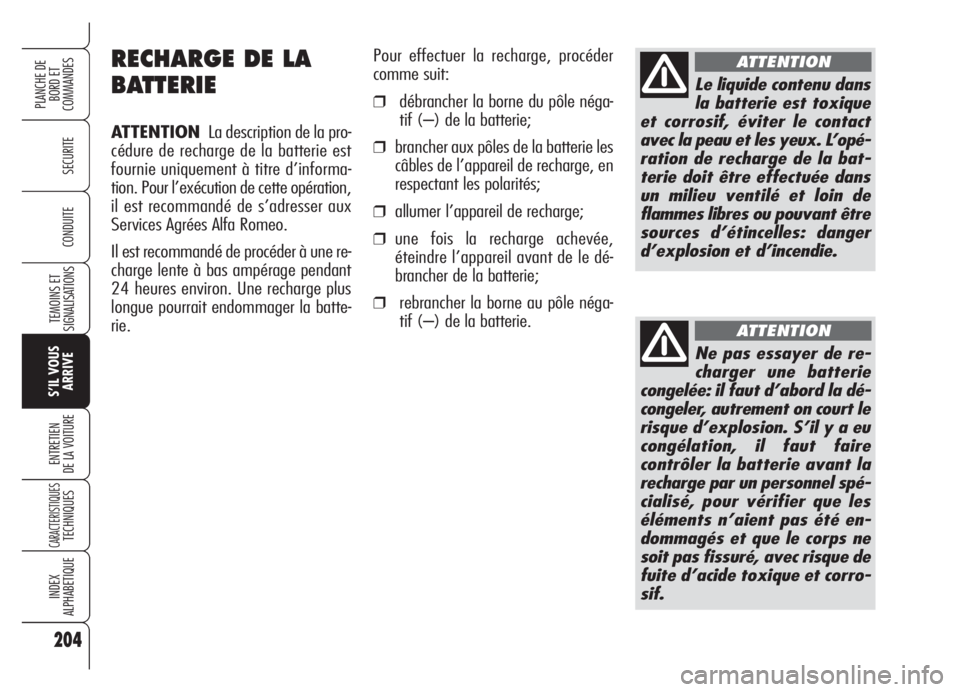Alfa Romeo Brera/Spider 2008  Notice dentretien (in French) 204
SECURITE
TEMOINS ET
SIGNALISATIONS
S’IL VOUS
ARRIVE
ENTRETIEN
DE LA VOITURE
CARACTERISTIQUESTECHNIQUES
INDEX
ALPHABETIQUE
PLANCHE DE
BORD ET 
COMMANDES
CONDUITE
RECHARGE DE LA
BATTERIE
ATTENTION