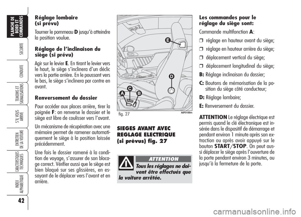 Alfa Romeo Brera/Spider 2008  Notice dentretien (in French) Réglage lombaire
(si prévu)
Tourner le pommeau Djusqu’à atteindre
la position voulue.
Réglage de l’inclinaison du
siège (si prévu)
Agir sur le levier E. En tirant le levier vers
le haut, le 