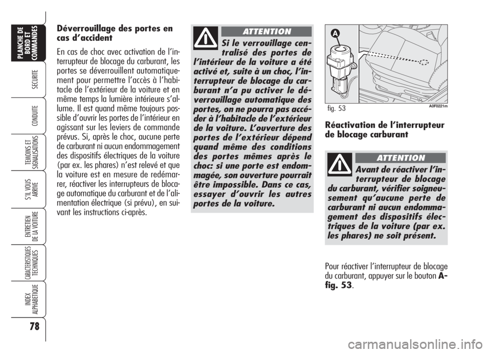Alfa Romeo Brera/Spider 2008 Notice dentretien (in French) 78
SECURITE
TEMOINS ET
SIGNALISATIONS
S’IL VOUS
ARRIVE
ENTRETIEN
DE LA VOITURE
CARACTERISTIQUESTECHNIQUES
INDEX
ALPHABETIQUE
PLANCHE DE
BORD ET
COMMANDES
CONDUITE
Si le verrouillage cen-
tralisé de Alfa Romeo Brera/Spider 2008 Notice dentretien (in French) 78
SECURITE
TEMOINS ET
SIGNALISATIONS
S’IL VOUS
ARRIVE
ENTRETIEN
DE LA VOITURE
CARACTERISTIQUESTECHNIQUES
INDEX
ALPHABETIQUE
PLANCHE DE
BORD ET
COMMANDES
CONDUITE
Si le verrouillage cen-
tralisé de