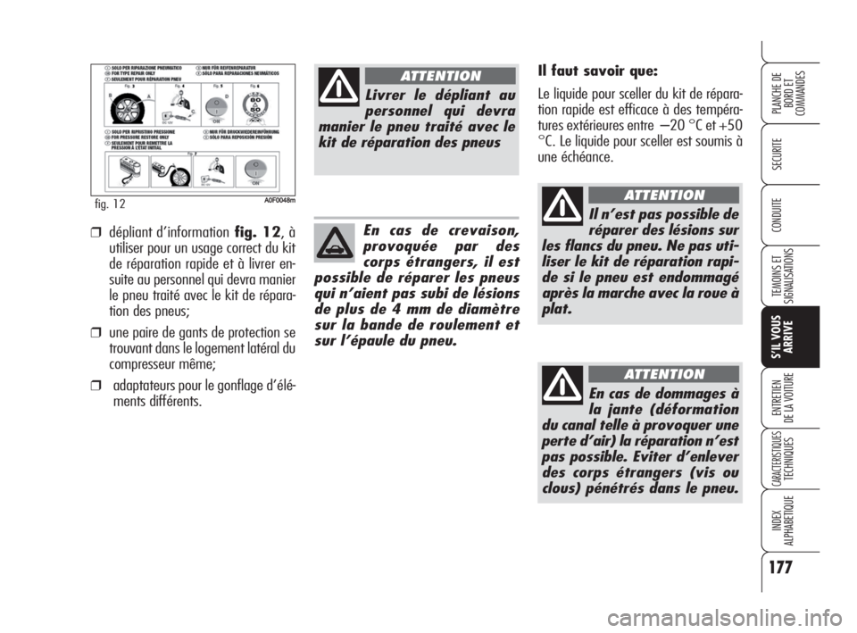 Alfa Romeo Brera/Spider 2009 Notice dentretien (in French) 177
SECURITE
TEMOINS ET
SIGNALISATIONS
S’IL VOUS
ARRIVE
ENTRETIEN
DE LA VOITURE
CARACTERISTIQUESTECHNIQUES
INDEX
ALPHABETIQUE
PLANCHE DE
BORD ET
COMMANDES
CONDUITE
AA0F0048mfig. 12
Il faut savoir q Alfa Romeo Brera/Spider 2009 Notice dentretien (in French) 177
SECURITE
TEMOINS ET
SIGNALISATIONS
S’IL VOUS
ARRIVE
ENTRETIEN
DE LA VOITURE
CARACTERISTIQUESTECHNIQUES
INDEX
ALPHABETIQUE
PLANCHE DE
BORD ET
COMMANDES
CONDUITE
AA0F0048mfig. 12
Il faut savoir q