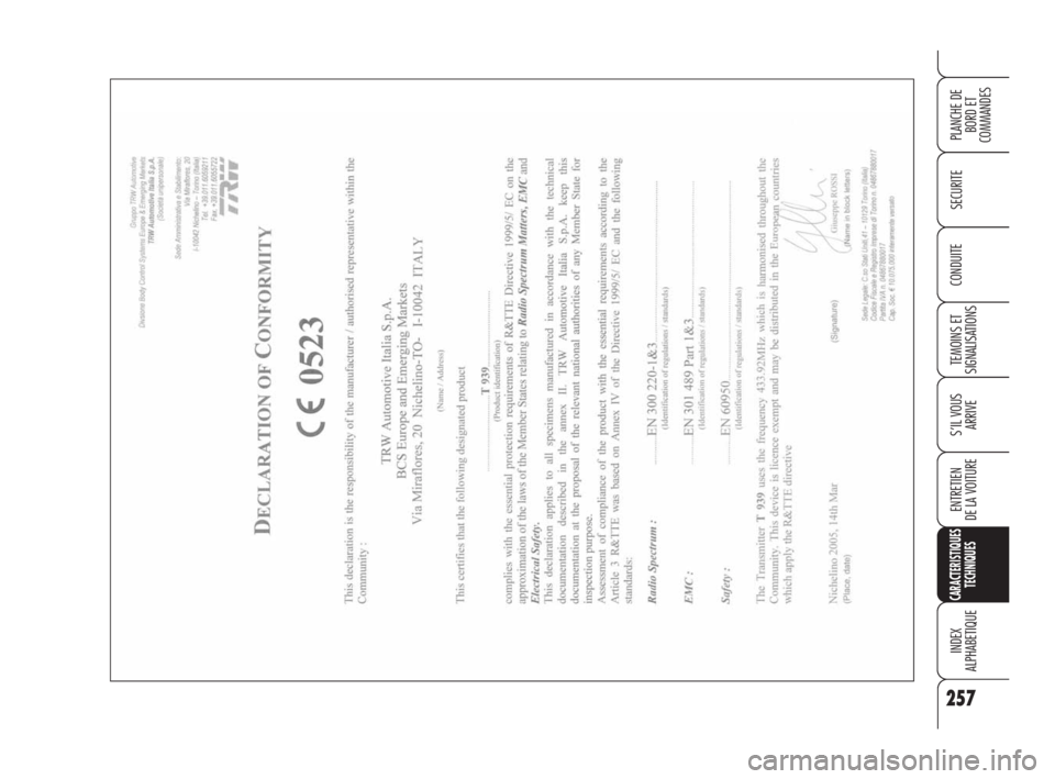Alfa Romeo Brera/Spider 2009 Notice dentretien (in French) 257
SECURITE
TEMOINS ET
SIGNALISATIONS
S’IL VOUS
ARRIVE
ENTRETIEN
DE LA VOITURE
CARACTERISTIQUES
TECHNIQUES
INDEX
ALPHABETIQUE
PLANCHE DE
BORD ET
COMMANDES
CONDUITE
235-258 Alfa BRERA fra 28-08- Alfa Romeo Brera/Spider 2009 Notice dentretien (in French) 257
SECURITE
TEMOINS ET
SIGNALISATIONS
S’IL VOUS
ARRIVE
ENTRETIEN
DE LA VOITURE
CARACTERISTIQUES
TECHNIQUES
INDEX
ALPHABETIQUE
PLANCHE DE
BORD ET
COMMANDES
CONDUITE
235-258 Alfa BRERA fra 28-08-