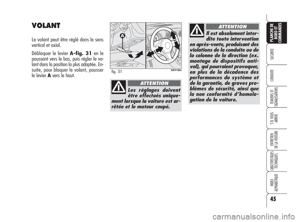 Alfa Romeo Brera/Spider 2009 Notice dentretien (in French) 45
SECURITE
TEMOINS ET
SIGNALISATIONS
S’IL VOUS
ARRIVE
ENTRETIEN
DE LA VOITURE
CARACTERISTIQUESTECHNIQUES
INDEX
ALPHABETIQUE
PLANCHE DE
BORD ET
COMMANDES
CONDUITE
VOLANT
Le volant peut être réglé Alfa Romeo Brera/Spider 2009 Notice dentretien (in French) 45
SECURITE
TEMOINS ET
SIGNALISATIONS
S’IL VOUS
ARRIVE
ENTRETIEN
DE LA VOITURE
CARACTERISTIQUESTECHNIQUES
INDEX
ALPHABETIQUE
PLANCHE DE
BORD ET
COMMANDES
CONDUITE
VOLANT
Le volant peut être réglé