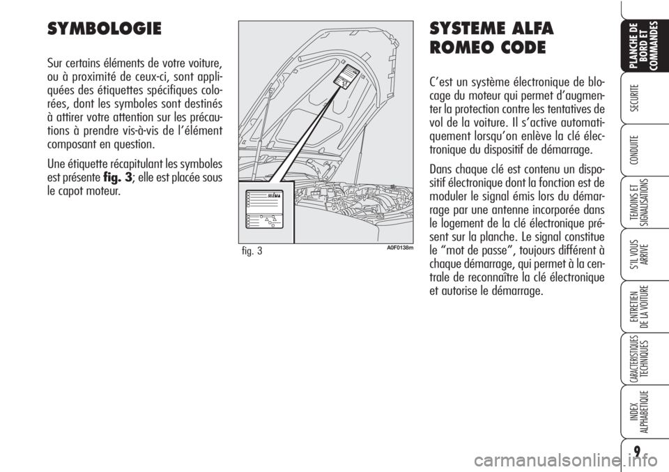 Alfa Romeo Brera/Spider 2010  Notice dentretien (in French) SYSTEME ALFA
ROMEO CODE
C’est un système électronique de blo-
cage du moteur qui permet d’augmen-
ter la protection contre les tentatives de
vol de la voiture. Il s’active automati-
quement lo