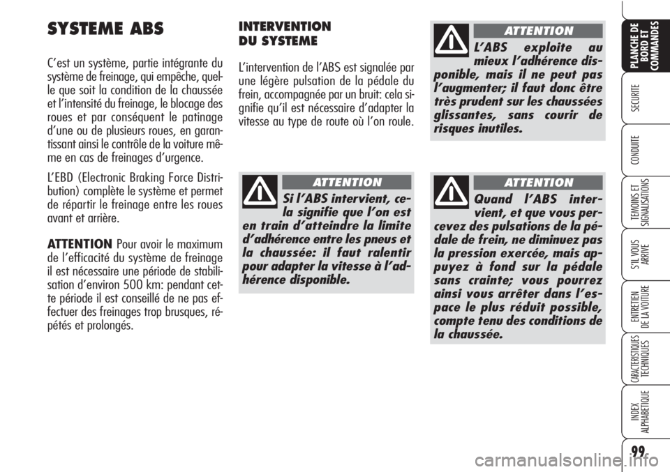 Alfa Romeo Brera/Spider 2010  Notice dentretien (in French) 99
SECURITE
TEMOINS ET
SIGNALISATIONS
S’IL VOUS
ARRIVE
ENTRETIEN
DE LA VOITURE
CARACTERISTIQUESTECHNIQUES
INDEX
ALPHABETIQUE
PLANCHE DE
BORD ET
COMMANDES
CONDUITE
SYSTEME ABS
C’est un système, pa