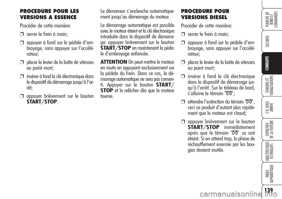 Alfa Romeo Brera/Spider 2010  Notice dentretien (in French) 139
SECURITE
TEMOINS ET
SIGNALISATIONS
S’IL VOUS 
ARRIVE
ENTRETIEN
DE LA VOITURE
CARACTERISTIQUESTECHNIQUES
INDEX
ALPHABETIQUE
PLANCHE DE
BORD ET 
COMMANDES
CONDUITE
PROCEDURE POUR LES
VERSIONS A ES