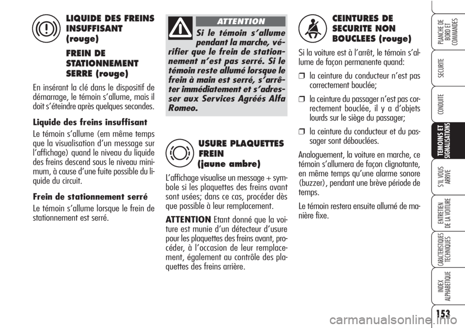 Alfa Romeo Brera/Spider 2010  Notice dentretien (in French) 153
SECURITE
TEMOINS ETSIGNALISATIONS
S’IL VOUS 
ARRIVE
ENTRETIEN
DE LA VOITURE
CARACTERISTIQUESTECHNIQUES
INDEX
ALPHABETIQUE
PLANCHE DE
BORD ET 
COMMANDES
CONDUITE
CEINTURES DE 
SECURITE NON 
BOUCL
