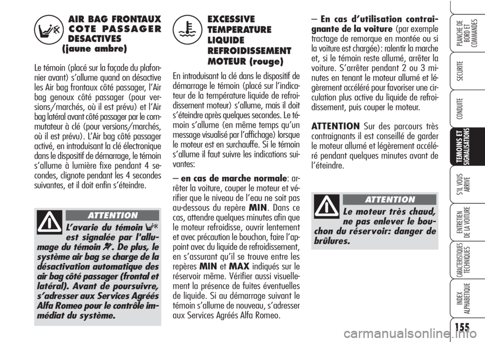 Alfa Romeo Brera/Spider 2010  Notice dentretien (in French) 155
SECURITE
TEMOINS ETSIGNALISATIONS
S’IL VOUS 
ARRIVE
ENTRETIEN
DE LA VOITURE
CARACTERISTIQUESTECHNIQUES
INDEX
ALPHABETIQUE
PLANCHE DE
BORD ET 
COMMANDES
CONDUITE
AIR BAG FRONTAUX
COTE PASSAGER 
D