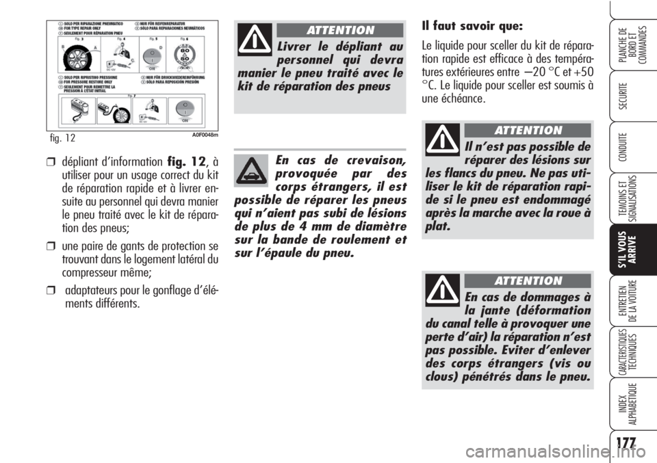 Alfa Romeo Brera/Spider 2010  Notice dentretien (in French) 177
SECURITE
TEMOINS ET
SIGNALISATIONS
S’IL VOUS
ARRIVE
ENTRETIEN
DE LA VOITURE
CARACTERISTIQUESTECHNIQUES
INDEX
ALPHABETIQUE
PLANCHE DE
BORD ET 
COMMANDES
CONDUITE
A0F0048mfig. 12
Il faut savoir qu