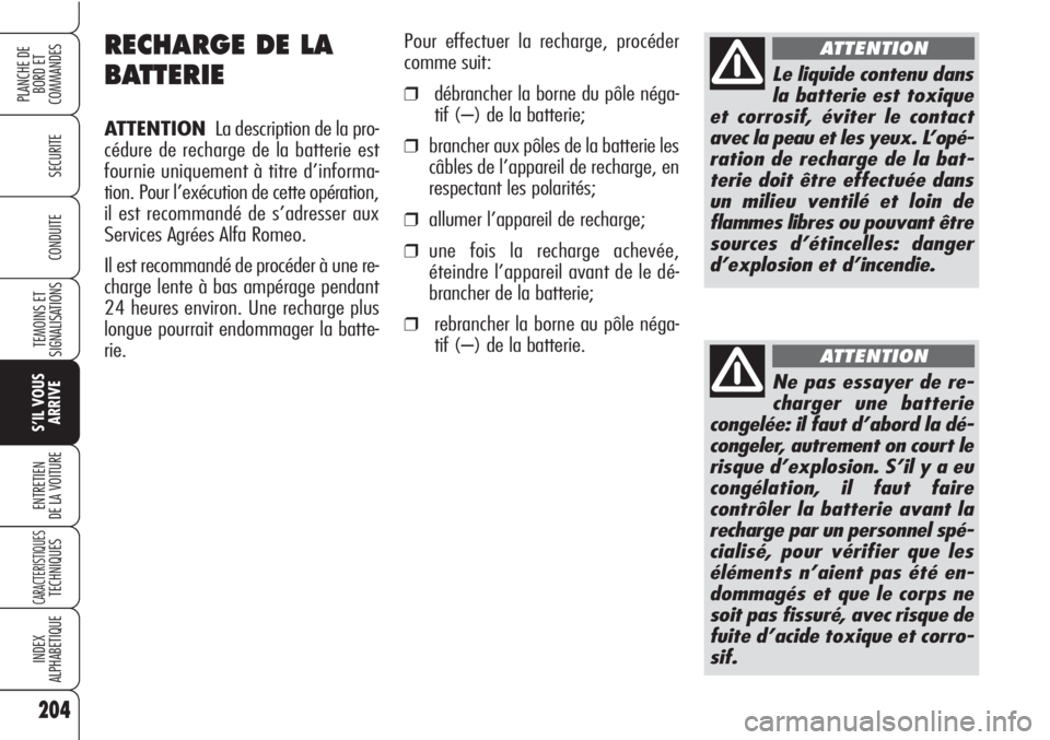 Alfa Romeo Brera/Spider 2010  Notice dentretien (in French) 204
SECURITE
TEMOINS ET
SIGNALISATIONS
S’IL VOUS
ARRIVE
ENTRETIEN
DE LA VOITURE
CARACTERISTIQUESTECHNIQUES
INDEX
ALPHABETIQUE
PLANCHE DE
BORD ET 
COMMANDES
CONDUITE
RECHARGE DE LA
BATTERIE
ATTENTION