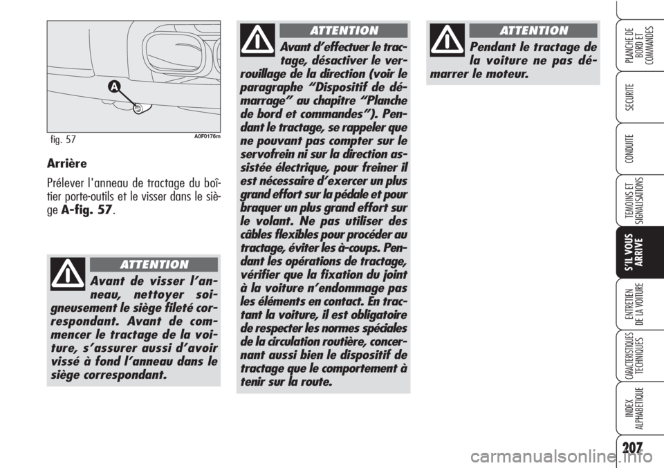 Alfa Romeo Brera/Spider 2010  Notice dentretien (in French) 207
SECURITE
TEMOINS ET
SIGNALISATIONS
S’IL VOUS
ARRIVE
ENTRETIEN
DE LA VOITURE
CARACTERISTIQUESTECHNIQUES
INDEX
ALPHABETIQUE
PLANCHE DE
BORD ET 
COMMANDES
CONDUITE
207
Arrière
Prélever l'anne