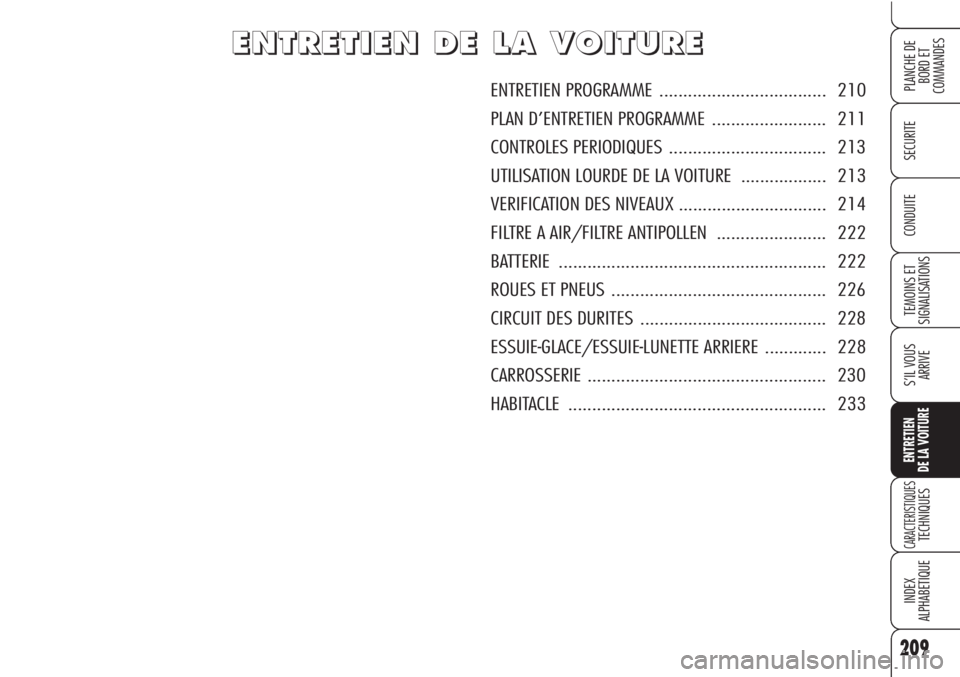 Alfa Romeo Brera/Spider 2010 Notice dentretien (in French) 209
SECURITE
TEMOINS ET
SIGNALISATIONS
S’IL VOUS
ARRIVE
ENTRETIEN
DE LA VOITURE
CARACTERISTIQUESTECHNIQUES
INDEX
ALPHABETIQUE
PLANCHE DE
BORD ET
COMMANDES
CONDUITE
E E
N N
T T
R R
E E
T T
I I
E E
N Alfa Romeo Brera/Spider 2010 Notice dentretien (in French) 209
SECURITE
TEMOINS ET
SIGNALISATIONS
S’IL VOUS
ARRIVE
ENTRETIEN
DE LA VOITURE
CARACTERISTIQUESTECHNIQUES
INDEX
ALPHABETIQUE
PLANCHE DE
BORD ET
COMMANDES
CONDUITE
E E
N N
T T
R R
E E
T T
I I
E E
N