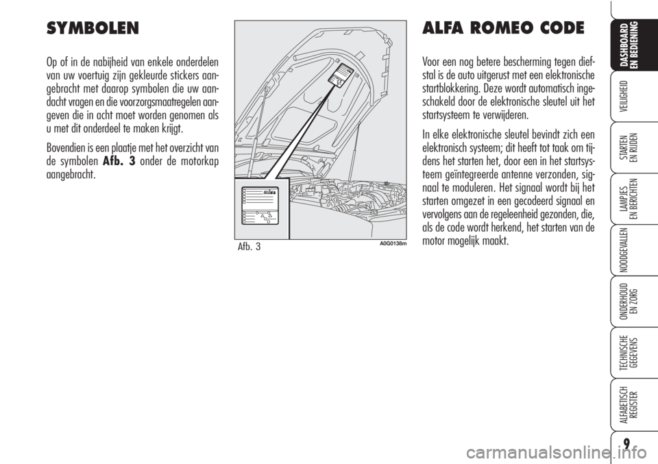 Alfa Romeo Brera/Spider 2010  Instructieboek (in Dutch) ALFA ROMEO CODE
Voor een nog betere bescherming tegen dief-
stal is de auto uitgerust met een elektronische
startblokkering. Deze wordt automatisch inge-
schakeld door de elektronische sleutel uit het