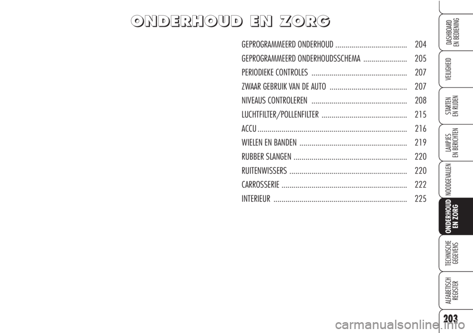 Alfa Romeo Brera/Spider 2010 Instructieboek (in Dutch) 203
VEILIGHEID
LAMPJES
EN BERICHTEN
NOODGEVALLEN
ONDERHOUD
EN ZORG
TECHNISCHE
GEGEVENS
ALFABETISCH
REGISTER
DASHBOARD
EN BEDIENING
STARTEN
EN RIJDEN
O O
N N
D D
E E
R R
H H
O O
U U
D D
E E
N N
Z Z
O Alfa Romeo Brera/Spider 2010 Instructieboek (in Dutch) 203
VEILIGHEID
LAMPJES
EN BERICHTEN
NOODGEVALLEN
ONDERHOUD
EN ZORG
TECHNISCHE
GEGEVENS
ALFABETISCH
REGISTER
DASHBOARD
EN BEDIENING
STARTEN
EN RIJDEN
O O
N N
D D
E E
R R
H H
O O
U U
D D
E E
N N
Z Z
O