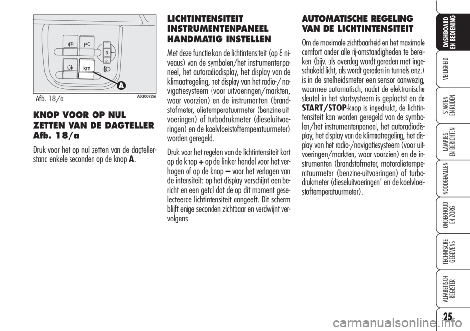 Alfa Romeo Brera/Spider 2009  Instructieboek (in Dutch) 25
VEILIGHEID
LAMPJES
EN BERICHTEN
NOODGEVALLEN
ONDERHOUD
EN ZORG
TECHNISCHE
GEGEVENS
ALFABETISCH 
REGISTER
DASHBOARD
EN BEDIENING
STARTEN 
EN RIJDEN
AUTOMATISCHE REGELING
VAN DE LICHTINTENSITEIT
Om d