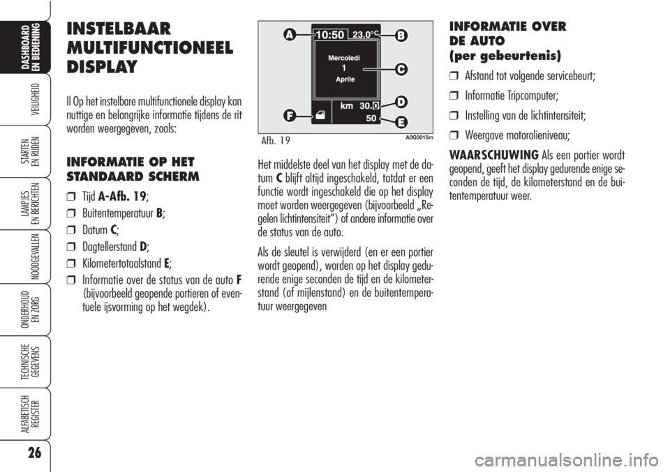 Alfa Romeo Brera/Spider 2010  Instructieboek (in Dutch) 26
VEILIGHEID
LAMPJES
EN BERICHTEN
NOODGEVALLEN
ONDERHOUD
EN ZORG
TECHNISCHE
GEGEVENS
ALFABETISCH 
REGISTER
DASHBOARD
EN BEDIENING
STARTEN 
EN RIJDENHet middelste deel van het display met de da-
tumCb