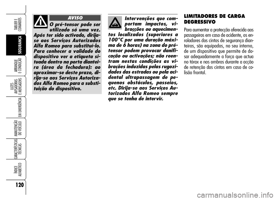 Alfa Romeo Brera/Spider 2006 Manual de Uso e Manutenção (in Portuguese) 120
SEGURANÇA LUZES
AVISADORAS
E MENSAGENS
EM EMERGÊNCIA
MANUTENÇÃO
DO VEÍCULO
CARACTERÍSTICAS
TÉCNICAS
ÍNDICE
ALFABÉTICO
TABLIER E
COMANDOS
ARRANQUE
E CONDUÇÃO
O pré-tensor pode ser
Alfa Romeo Brera/Spider 2006 Manual de Uso e Manutenção (in Portuguese) 120
SEGURANÇA LUZES
AVISADORAS
E MENSAGENS
EM EMERGÊNCIA
MANUTENÇÃO
DO VEÍCULO
CARACTERÍSTICAS
TÉCNICAS
ÍNDICE
ALFABÉTICO
TABLIER E
COMANDOS
ARRANQUE
E CONDUÇÃO
O pré-tensor pode ser