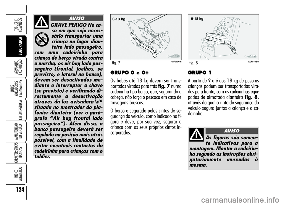 Alfa Romeo Brera/Spider 2006 Manual de Uso e Manutenção (in Portuguese) 124
SEGURANÇA LUZES
AVISADORAS
E MENSAGENS
EM EMERGÊNCIA
MANUTENÇÃO
DO VEÍCULO
CARACTERÍSTICAS
TÉCNICAS
ÍNDICE
ALFABÉTICO
TABLIER E
COMANDOS
ARRANQUE
E CONDUÇÃOGRUPO 0 e 0+
Os bebés a Alfa Romeo Brera/Spider 2006 Manual de Uso e Manutenção (in Portuguese) 124
SEGURANÇA LUZES
AVISADORAS
E MENSAGENS
EM EMERGÊNCIA
MANUTENÇÃO
DO VEÍCULO
CARACTERÍSTICAS
TÉCNICAS
ÍNDICE
ALFABÉTICO
TABLIER E
COMANDOS
ARRANQUE
E CONDUÇÃOGRUPO 0 e 0+
Os bebés a