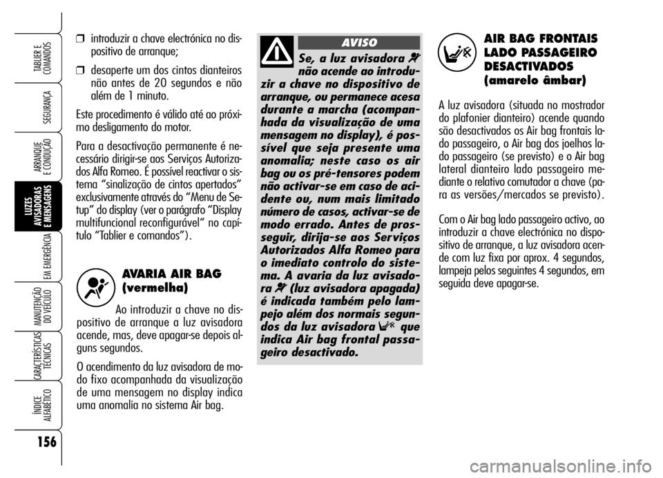 Alfa Romeo Brera/Spider 2006 Manual de Uso e Manutenção (in Portuguese) AVARIA AIR BAG
(vermelha)
Ao introduzir a chave no dis-
positivo de arranque a luz avisadora
acende, mas, deve apagar-se depois al-
guns segundos.
O acendimento da luz avisadora de mo-
do fixo acompa Alfa Romeo Brera/Spider 2006 Manual de Uso e Manutenção (in Portuguese) AVARIA AIR BAG
(vermelha)
Ao introduzir a chave no dis-
positivo de arranque a luz avisadora
acende, mas, deve apagar-se depois al-
guns segundos.
O acendimento da luz avisadora de mo-
do fixo acompa