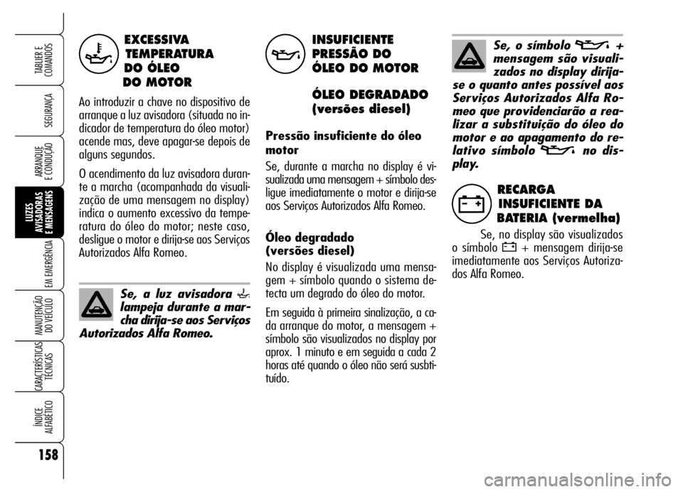 Alfa Romeo Brera/Spider 2006 Manual de Uso e Manutenção (in Portuguese) 158
SEGURANÇA
LUZES
AVISADORAS
E MENSAGENS
EM EMERGÊNCIA
MANUTENÇÃO
DO VEÍCULO
CARACTERÍSTICAS
TÉCNICAS
ÍNDICE
ALFABÉTICO
TABLIER E
COMANDOS
ARRANQUE
E CONDUÇÃO
EXCESSIVA
TEMPERATURA Alfa Romeo Brera/Spider 2006 Manual de Uso e Manutenção (in Portuguese) 158
SEGURANÇA
LUZES
AVISADORAS
E MENSAGENS
EM EMERGÊNCIA
MANUTENÇÃO
DO VEÍCULO
CARACTERÍSTICAS
TÉCNICAS
ÍNDICE
ALFABÉTICO
TABLIER E
COMANDOS
ARRANQUE
E CONDUÇÃO
EXCESSIVA
TEMPERATURA