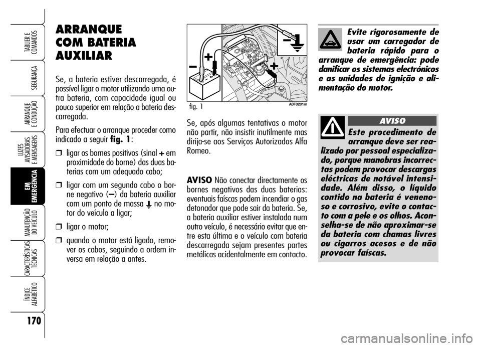 Alfa Romeo Brera/Spider 2006 Manual de Uso e Manutenção (in Portuguese) 170
SEGURANÇA
LUZES
AVISADORAS
E MENSAGENS
EM
EMERGÊNCIA MANUTENÇÃO
DO VEÍCULO
CARACTERÍSTICAS
TÉCNICAS
ÍNDICE
ALFABÉTICO
TABLIER E
COMANDOS
ARRANQUE
E CONDUÇÃO
AVISONão conectar dire Alfa Romeo Brera/Spider 2006 Manual de Uso e Manutenção (in Portuguese) 170
SEGURANÇA
LUZES
AVISADORAS
E MENSAGENS
EM
EMERGÊNCIA MANUTENÇÃO
DO VEÍCULO
CARACTERÍSTICAS
TÉCNICAS
ÍNDICE
ALFABÉTICO
TABLIER E
COMANDOS
ARRANQUE
E CONDUÇÃO
AVISONão conectar dire