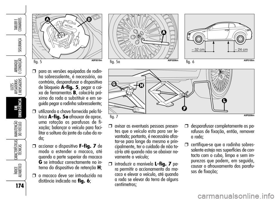 Alfa Romeo Brera/Spider 2006 Manual de Uso e Manutenção (in Portuguese) 174
SEGURANÇA
LUZES
AVISADORAS
E MENSAGENS
EM
EMERGÊNCIA MANUTENÇÃO
DO VEÍCULO
CARACTERÍSTICAS
TÉCNICAS
ÍNDICE
ALFABÉTICO
TABLIER E
COMANDOS
ARRANQUE
E CONDUÇÃO
❒desparafusar complet Alfa Romeo Brera/Spider 2006 Manual de Uso e Manutenção (in Portuguese) 174
SEGURANÇA
LUZES
AVISADORAS
E MENSAGENS
EM
EMERGÊNCIA MANUTENÇÃO
DO VEÍCULO
CARACTERÍSTICAS
TÉCNICAS
ÍNDICE
ALFABÉTICO
TABLIER E
COMANDOS
ARRANQUE
E CONDUÇÃO
❒desparafusar complet