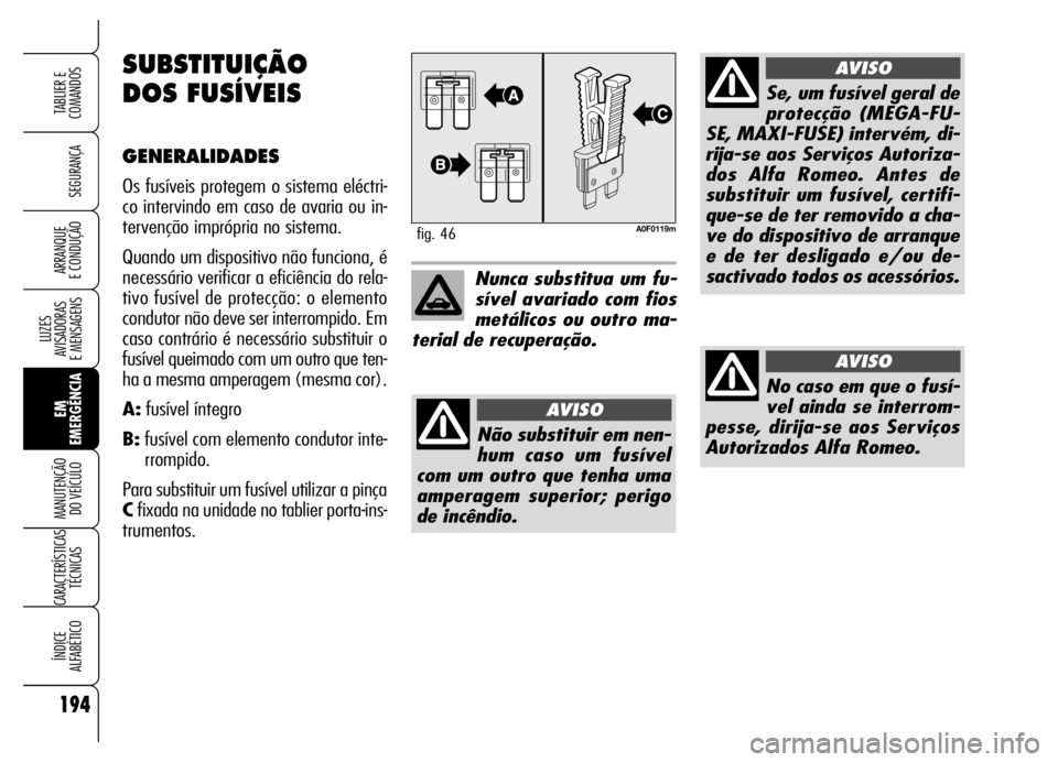 Alfa Romeo Brera/Spider 2006  Manual de Uso e Manutenção (in Portuguese) 194
SEGURANÇA
LUZES 
AVISADORAS 
E MENSAGENS
EM
EMERGÊNCIA MANUTENÇÃO 
DO VEÍCULO
CARACTERÍSTICAS
TÉCNICAS
ÍNDICE 
ALFABÉTICO
TABLIER E
COMANDOS
ARRANQUE 
E CONDUÇÃO
A0F0119mfig. 46
Nunca s