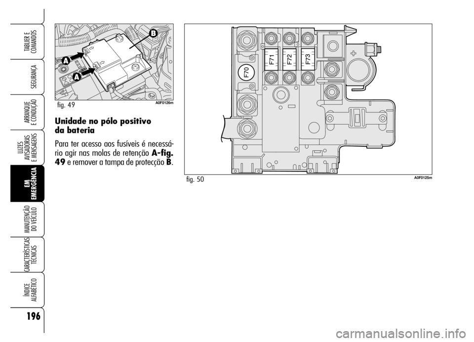 Alfa Romeo Brera/Spider 2006 Manual de Uso e Manutenção (in Portuguese) 196
SEGURANÇA
LUZES
AVISADORAS
E MENSAGENS
EM
EMERGÊNCIA MANUTENÇÃO
DO VEÍCULO
CARACTERÍSTICAS
TÉCNICAS
ÍNDICE
ALFABÉTICO
TABLIER E
COMANDOS
ARRANQUE
E CONDUÇÃOUnidade no pólo positiv Alfa Romeo Brera/Spider 2006 Manual de Uso e Manutenção (in Portuguese) 196
SEGURANÇA
LUZES
AVISADORAS
E MENSAGENS
EM
EMERGÊNCIA MANUTENÇÃO
DO VEÍCULO
CARACTERÍSTICAS
TÉCNICAS
ÍNDICE
ALFABÉTICO
TABLIER E
COMANDOS
ARRANQUE
E CONDUÇÃOUnidade no pólo positiv
