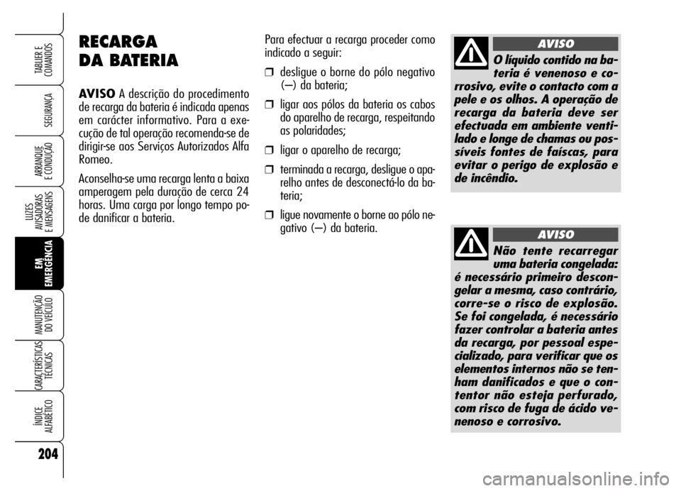 Alfa Romeo Brera/Spider 2006 Manual de Uso e Manutenção (in Portuguese) 204
SEGURANÇA
LUZES
AVISADORAS
E MENSAGENS
EM
EMERGÊNCIA MANUTENÇÃO
DO VEÍCULO
CARACTERÍSTICAS
TÉCNICAS
ÍNDICE
ALFABÉTICO
TABLIER E
COMANDOS
ARRANQUE
E CONDUÇÃO
RECARGA
DA BATERIA
AVI Alfa Romeo Brera/Spider 2006 Manual de Uso e Manutenção (in Portuguese) 204
SEGURANÇA
LUZES
AVISADORAS
E MENSAGENS
EM
EMERGÊNCIA MANUTENÇÃO
DO VEÍCULO
CARACTERÍSTICAS
TÉCNICAS
ÍNDICE
ALFABÉTICO
TABLIER E
COMANDOS
ARRANQUE
E CONDUÇÃO
RECARGA
DA BATERIA
AVI