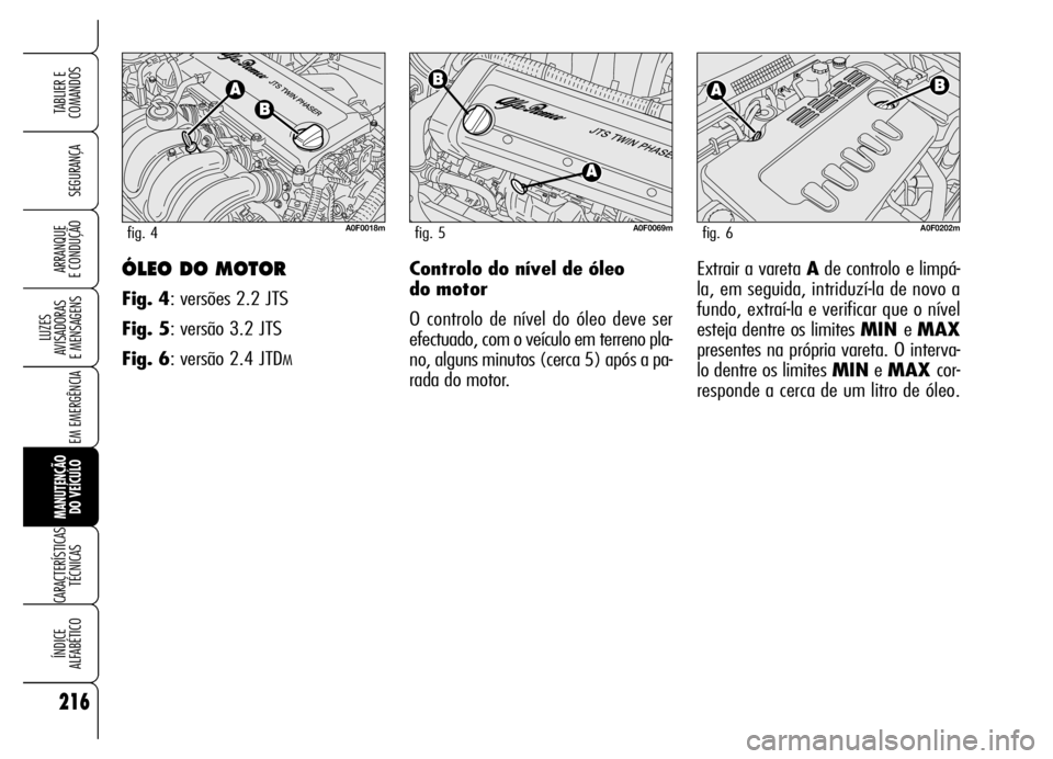 Alfa Romeo Brera/Spider 2006 Manual de Uso e Manutenção (in Portuguese) 216
SEGURANÇA
LUZES
AVISADORAS
E MENSAGENS
EM EMERGÊNCIA
MANUTENÇÃO
DO VEÍCULO
CARACTERÍSTICAS
TÉCNICAS
ÍNDICE
ALFABÉTICO
TABLIER E
COMANDOS
ARRANQUE
E CONDUÇÃOÓLEO DO MOTOR
Fig. 4: v Alfa Romeo Brera/Spider 2006 Manual de Uso e Manutenção (in Portuguese) 216
SEGURANÇA
LUZES
AVISADORAS
E MENSAGENS
EM EMERGÊNCIA
MANUTENÇÃO
DO VEÍCULO
CARACTERÍSTICAS
TÉCNICAS
ÍNDICE
ALFABÉTICO
TABLIER E
COMANDOS
ARRANQUE
E CONDUÇÃOÓLEO DO MOTOR
Fig. 4: v