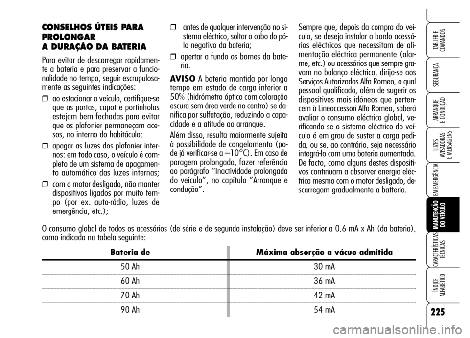 Alfa Romeo Brera/Spider 2006  Manual de Uso e Manutenção (in Portuguese) 225
SEGURANÇA
LUZES 
AVISADORAS 
E MENSAGENS
EM EMERGÊNCIA
MANUTENÇÃO 
DO VEÍCULO
CARACTERÍSTICAS
TÉCNICAS
ÍNDICE 
ALFABÉTICO
TABLIER E  
COMANDOS
ARRANQUE 
E CONDUÇÃO
CONSELHOS ÚTEIS PARA