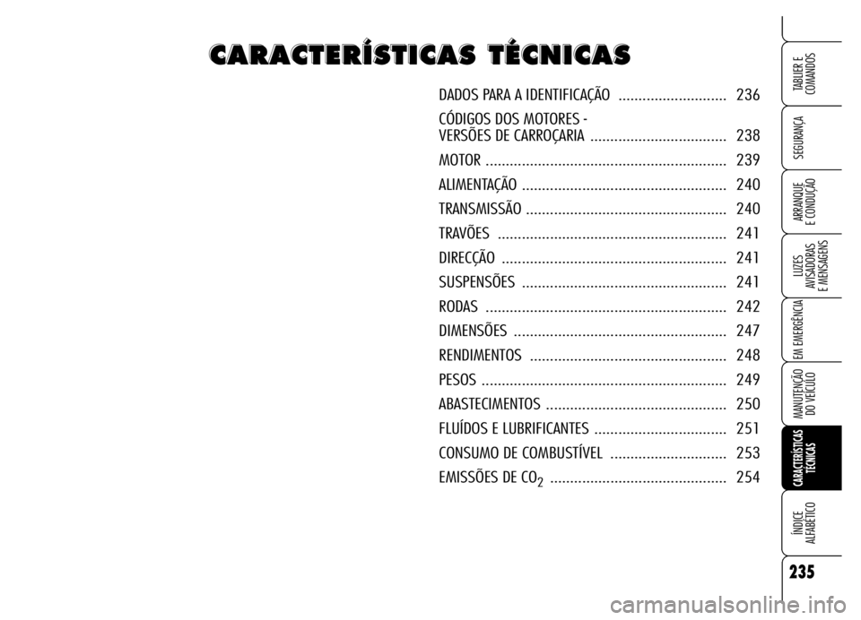 Alfa Romeo Brera/Spider 2006 Manual de Uso e Manutenção (in Portuguese) 235
SEGURANÇA
LUZES
AVISADORAS
E MENSAGENS
EM EMERGÊNCIA
MANUTENÇÃO
DO VEÍCULO
CARACTERÍSTICAS
TÉCNICAS
ÍNDICE
ALFABÉTICO
TABLIER E
COMANDOS
ARRANQUE
E CONDUÇÃO
C C C C
A A A A
R R R Alfa Romeo Brera/Spider 2006 Manual de Uso e Manutenção (in Portuguese) 235
SEGURANÇA
LUZES
AVISADORAS
E MENSAGENS
EM EMERGÊNCIA
MANUTENÇÃO
DO VEÍCULO
CARACTERÍSTICAS
TÉCNICAS
ÍNDICE
ALFABÉTICO
TABLIER E
COMANDOS
ARRANQUE
E CONDUÇÃO
C C C C
A A A A
R R R