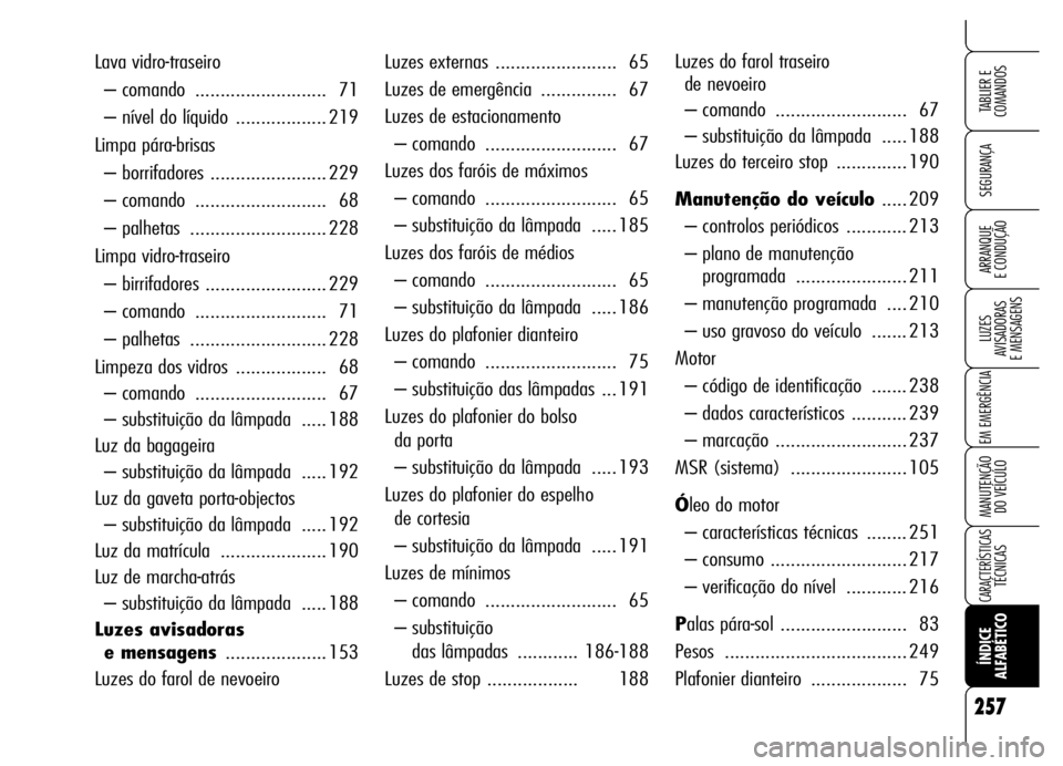 Alfa Romeo Brera/Spider 2006 Manual de Uso e Manutenção (in Portuguese) 257
SEGURANÇA
LUZES
AVISADORAS
E MENSAGENS
EM EMERGÊNCIA
MANUTENÇÃO
DO VEÍCULO
CARACTERÍSTICASTÉCNICAS
ÍNDICE
ALFABÉTICO
TABLIER E
COMANDOS
ARRANQUE
E CONDUÇÃO
257
Luzes externa Alfa Romeo Brera/Spider 2006 Manual de Uso e Manutenção (in Portuguese) 257
SEGURANÇA
LUZES
AVISADORAS
E MENSAGENS
EM EMERGÊNCIA
MANUTENÇÃO
DO VEÍCULO
CARACTERÍSTICASTÉCNICAS
ÍNDICE
ALFABÉTICO
TABLIER E
COMANDOS
ARRANQUE
E CONDUÇÃO
257
Luzes externa