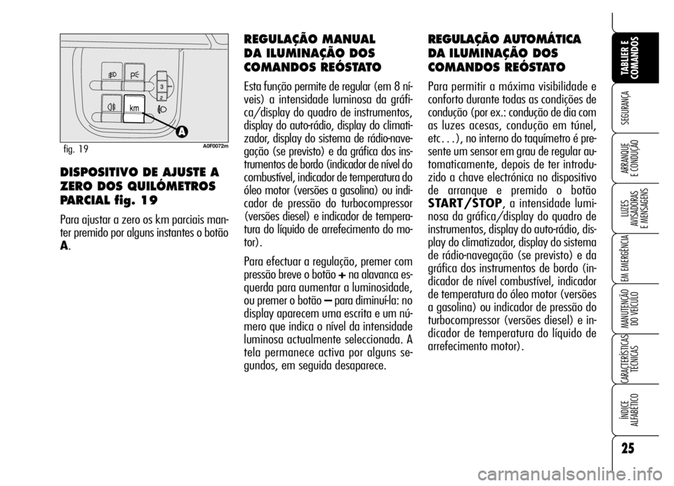 Alfa Romeo Brera/Spider 2006  Manual de Uso e Manutenção (in Portuguese) 25
SEGURANÇA
LUZES 
AVISADORAS 
E MENSAGENS
EM EMERGÊNCIA
MANUTENÇÃO 
DO VEÍCULO
CARACTERÍSTICAS
TÉCNICAS
ÍNDICE 
ALFABÉTICO
TABLIER E
COMANDOS
ARRANQUE 
E CONDUÇÃO
REGULAÇÃO AUTOMÁTICA
