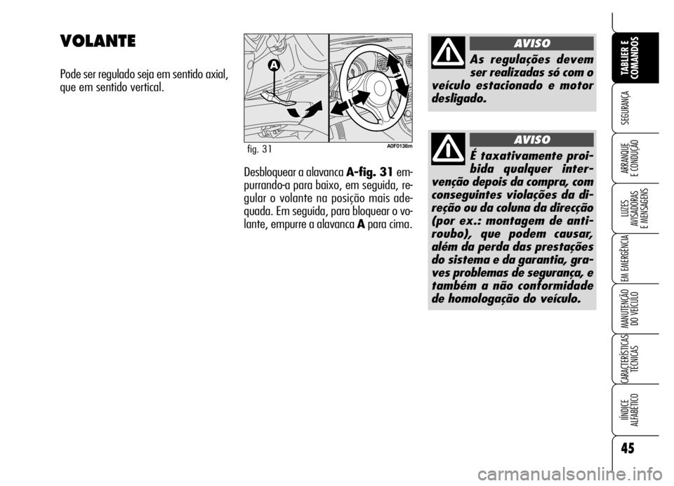 Alfa Romeo Brera/Spider 2006 Manual de Uso e Manutenção (in Portuguese) 45
SEGURANÇA
LUZES
AVISADORAS
E MENSAGENS
EM EMERGÊNCIA
MANUTENÇÃO
DO VEÍCULO
CARACTERÍSTICAS
TÉCNICAS
IÍNDICE
ALFABÉTICO
TABLIER E
COMANDOS
ARRANQUE
E CONDUÇÃO
VOLANTE
Pode ser regula Alfa Romeo Brera/Spider 2006 Manual de Uso e Manutenção (in Portuguese) 45
SEGURANÇA
LUZES
AVISADORAS
E MENSAGENS
EM EMERGÊNCIA
MANUTENÇÃO
DO VEÍCULO
CARACTERÍSTICAS
TÉCNICAS
IÍNDICE
ALFABÉTICO
TABLIER E
COMANDOS
ARRANQUE
E CONDUÇÃO
VOLANTE
Pode ser regula