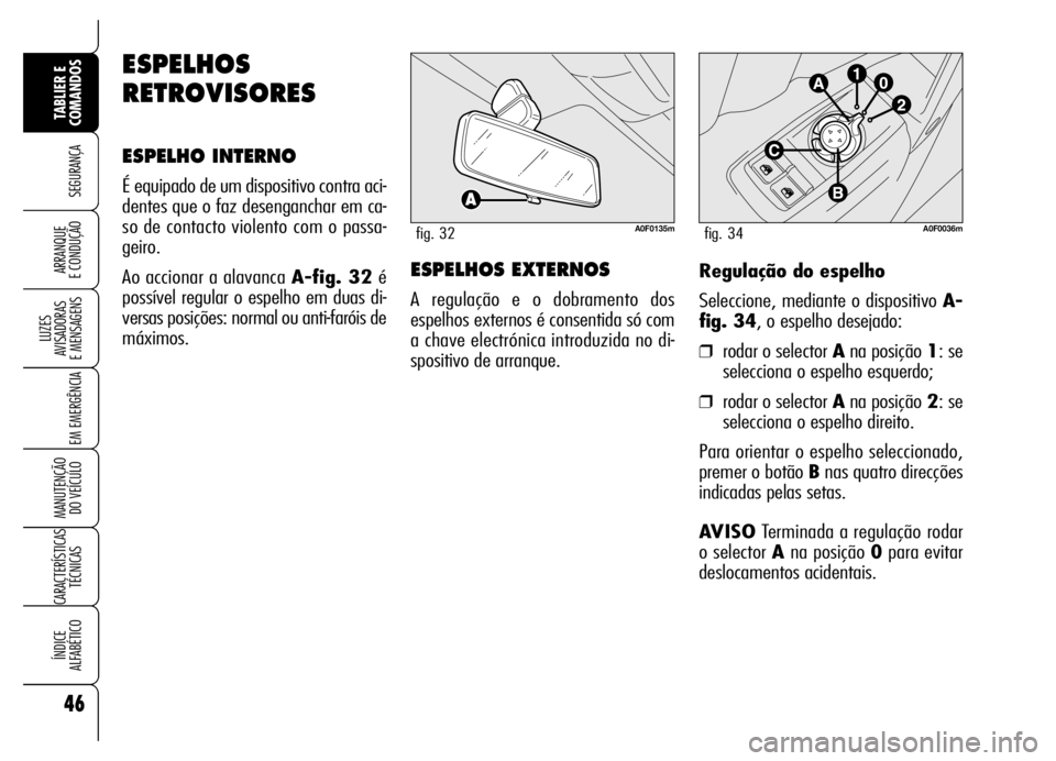 Alfa Romeo Brera/Spider 2006 Manual de Uso e Manutenção (in Portuguese) 46
SEGURANÇA
LUZES
AVISADORAS
E MENSAGENS
EM EMERGÊNCIA
MANUTENÇÃO
DO VEÍCULO
CARACTERÍSTICAS
TÉCNICAS
ÍNDICE
ALFABÉTICO
TABLIER E
COMANDOS
ARRANQUE
E CONDUÇÃORegulação do espelho
Se Alfa Romeo Brera/Spider 2006 Manual de Uso e Manutenção (in Portuguese) 46
SEGURANÇA
LUZES
AVISADORAS
E MENSAGENS
EM EMERGÊNCIA
MANUTENÇÃO
DO VEÍCULO
CARACTERÍSTICAS
TÉCNICAS
ÍNDICE
ALFABÉTICO
TABLIER E
COMANDOS
ARRANQUE
E CONDUÇÃORegulação do espelho
Se