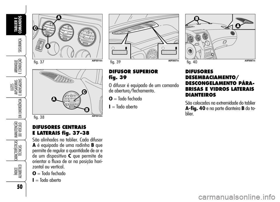 Alfa Romeo Brera/Spider 2006 Manual de Uso e Manutenção (in Portuguese) 50
SEGURANÇA
LUZES
AVISADORAS
E MENSAGENS
EM EMERGÊNCIA
MANUTENÇÃO
DO VEÍCULO
CARACTERÍSTICAS
TÉCNICAS
ÍNDICE
ALFABÉTICO
TABLIER E
COMANDOS
ARRANQUE
E CONDUÇÃO
DIFUSORES CENTRAIS
E LA Alfa Romeo Brera/Spider 2006 Manual de Uso e Manutenção (in Portuguese) 50
SEGURANÇA
LUZES
AVISADORAS
E MENSAGENS
EM EMERGÊNCIA
MANUTENÇÃO
DO VEÍCULO
CARACTERÍSTICAS
TÉCNICAS
ÍNDICE
ALFABÉTICO
TABLIER E
COMANDOS
ARRANQUE
E CONDUÇÃO
DIFUSORES CENTRAIS
E LA