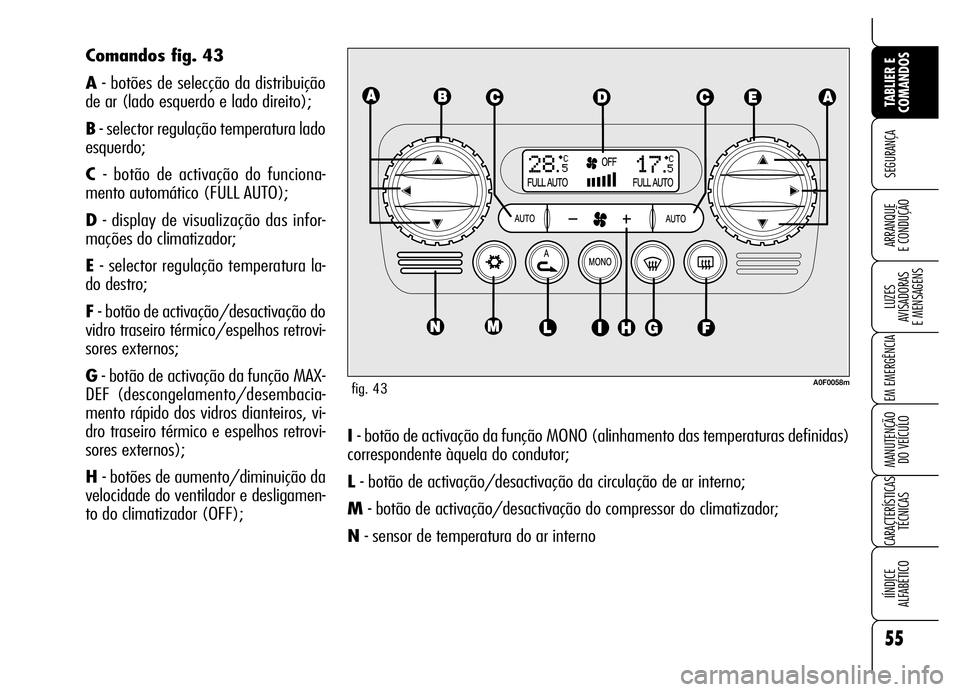 Alfa Romeo Brera/Spider 2006  Manual de Uso e Manutenção (in Portuguese) 55
SEGURANÇA
LUZES 
AVISADORAS 
E MENSAGENS
EM EMERGÊNCIA
MANUTENÇÃO 
DO VEÍCULO
CARACTERÍSTICAS
TÉCNICAS
IÍNDICE 
ALFABÉTICO
TABLIER E
COMANDOS
ARRANQUE 
E CONDUÇÃO
I - botão de activaç�