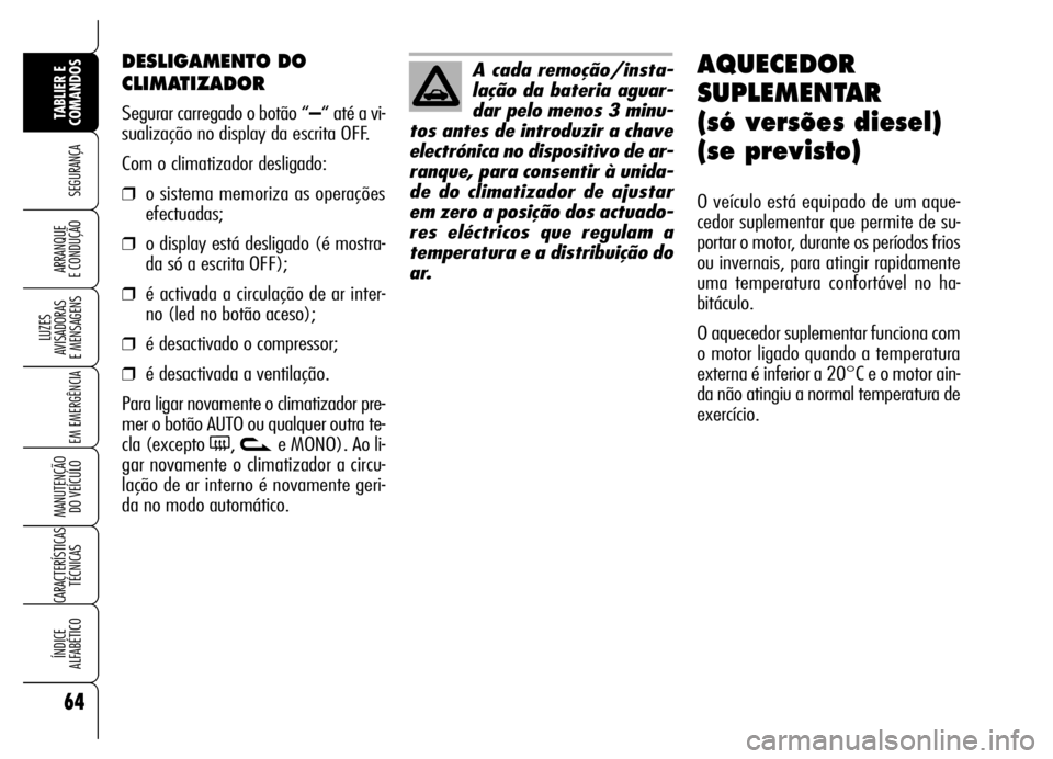 Alfa Romeo Brera/Spider 2006 Manual de Uso e Manutenção (in Portuguese) 64
SEGURANÇA
LUZES
AVISADORAS
E MENSAGENS
EM EMERGÊNCIA
MANUTENÇÃO
DO VEÍCULO
CARACTERÍSTICAS
TÉCNICAS
ÍNDICE
ALFABÉTICO
TABLIER E
COMANDOS
ARRANQUE
E CONDUÇÃO
DESLIGAMENTO DO
CLIMATIZ Alfa Romeo Brera/Spider 2006 Manual de Uso e Manutenção (in Portuguese) 64
SEGURANÇA
LUZES
AVISADORAS
E MENSAGENS
EM EMERGÊNCIA
MANUTENÇÃO
DO VEÍCULO
CARACTERÍSTICAS
TÉCNICAS
ÍNDICE
ALFABÉTICO
TABLIER E
COMANDOS
ARRANQUE
E CONDUÇÃO
DESLIGAMENTO DO
CLIMATIZ