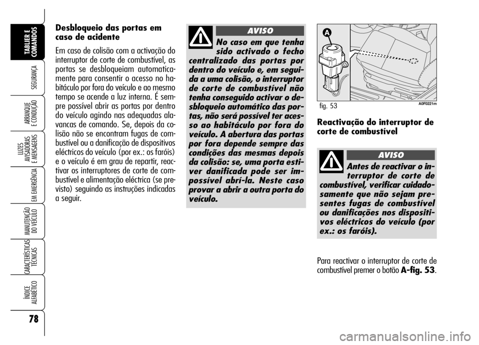 Alfa Romeo Brera/Spider 2006  Manual de Uso e Manutenção (in Portuguese) 78
SEGURANÇA
LUZES 
AVISADORAS 
E MENSAGENS
EM EMERGÊNCIA
MANUTENÇÃO 
DO VEÍCULO
CARACTERÍSTICAS
TÉCNICAS
ÍNDICE 
ALFABÉTICO
TABLIER E
COMANDOS
ARRANQUE 
E CONDUÇÃO
No caso em que tenha
sid