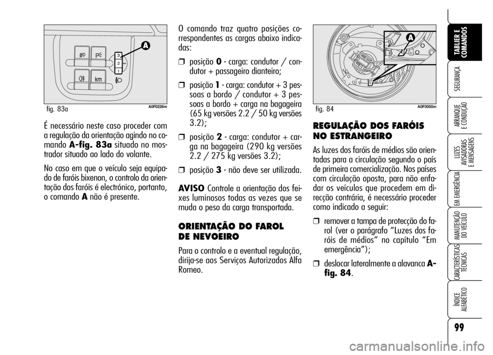 Alfa Romeo Brera/Spider 2007 Manual de Uso e Manutenção (in Portuguese) 99
SEGURANÇA
LUZES
AVISADORAS
E MENSAGENS
EM EMERGÊNCIA
MANUTENÇÃO
DO VEÍCULO
CARACTERÍSTICAS
TÉCNICAS
ÍNDICE
ALFABÉTICO
TABLIER E
COMANDOS
ARRANQUE
E CONDUÇÃOÉ necessário neste caso Alfa Romeo Brera/Spider 2007 Manual de Uso e Manutenção (in Portuguese) 99
SEGURANÇA
LUZES
AVISADORAS
E MENSAGENS
EM EMERGÊNCIA
MANUTENÇÃO
DO VEÍCULO
CARACTERÍSTICAS
TÉCNICAS
ÍNDICE
ALFABÉTICO
TABLIER E
COMANDOS
ARRANQUE
E CONDUÇÃOÉ necessário neste caso