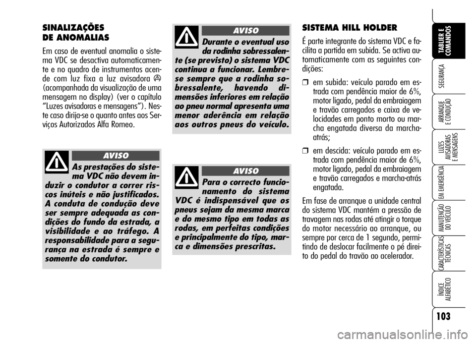 Alfa Romeo Brera/Spider 2007 Manual de Uso e Manutenção (in Portuguese) 103
SEGURANÇA
LUZES
AVISADORAS
E MENSAGENS
EM EMERGÊNCIA
MANUTENÇÃO
DO VEÍCULO
CARACTERÍSTICAS
TÉCNICAS
ÍNDICE
ALFABÉTICO
TABLIER E
COMANDOS
ARRANQUE
E CONDUÇÃO
As prestações do sist Alfa Romeo Brera/Spider 2007 Manual de Uso e Manutenção (in Portuguese) 103
SEGURANÇA
LUZES
AVISADORAS
E MENSAGENS
EM EMERGÊNCIA
MANUTENÇÃO
DO VEÍCULO
CARACTERÍSTICAS
TÉCNICAS
ÍNDICE
ALFABÉTICO
TABLIER E
COMANDOS
ARRANQUE
E CONDUÇÃO
As prestações do sist