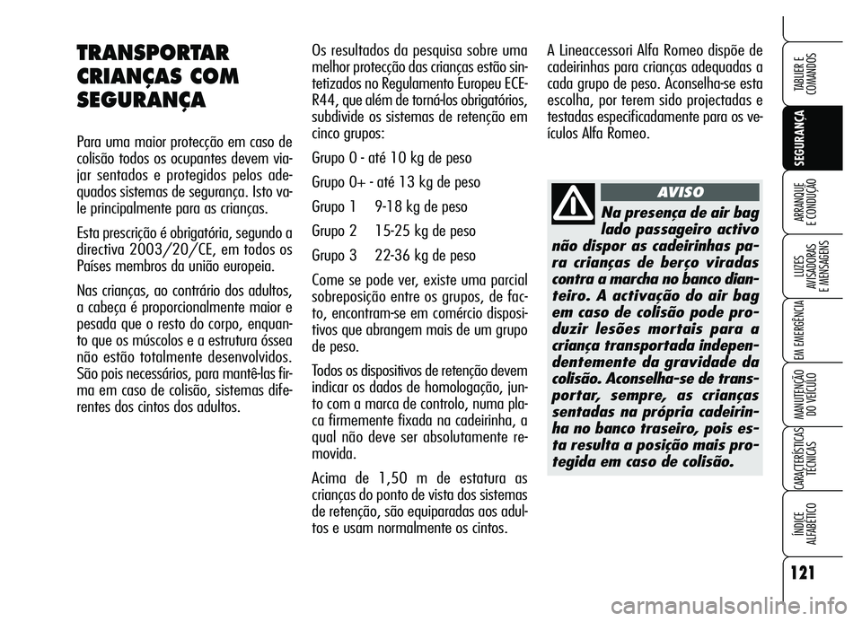 Alfa Romeo Brera/Spider 2007  Manual de Uso e Manutenção (in Portuguese) 121
SEGURANÇA LUZES 
AVISADORAS 
E MENSAGENS
EM EMERGÊNCIA
MANUTENÇÃO 
DO VEÍCULO
CARACTERÍSTICAS
TÉCNICAS
ÍNDICE 
ALFABÉTICO
TABLIER E  
COMANDOS
ARRANQUE 
E CONDUÇÃO
Os resultados da pesq