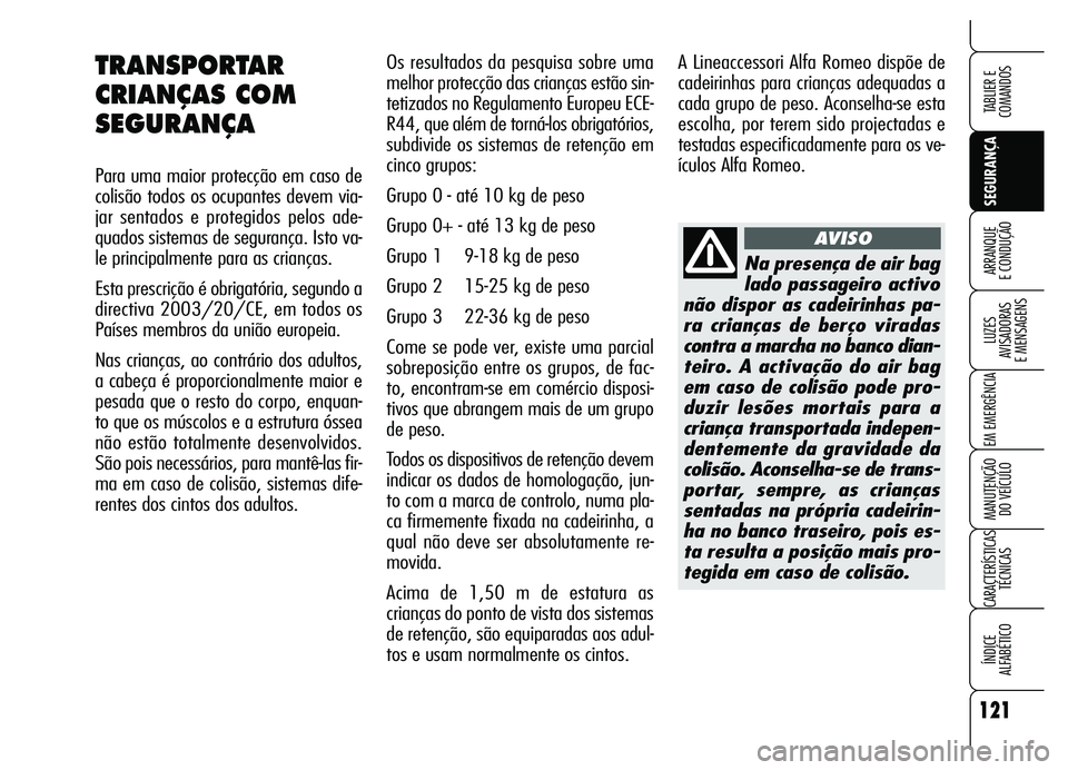 Alfa Romeo Brera/Spider 2007 Manual de Uso e Manutenção (in Portuguese) 121
SEGURANÇA LUZES
AVISADORAS
E MENSAGENS
EM EMERGÊNCIA
MANUTENÇÃO
DO VEÍCULO
CARACTERÍSTICAS
TÉCNICAS
ÍNDICE
ALFABÉTICO
TABLIER E
COMANDOS
ARRANQUE
E CONDUÇÃO
Os resultados da pesq Alfa Romeo Brera/Spider 2007 Manual de Uso e Manutenção (in Portuguese) 121
SEGURANÇA LUZES
AVISADORAS
E MENSAGENS
EM EMERGÊNCIA
MANUTENÇÃO
DO VEÍCULO
CARACTERÍSTICAS
TÉCNICAS
ÍNDICE
ALFABÉTICO
TABLIER E
COMANDOS
ARRANQUE
E CONDUÇÃO
Os resultados da pesq