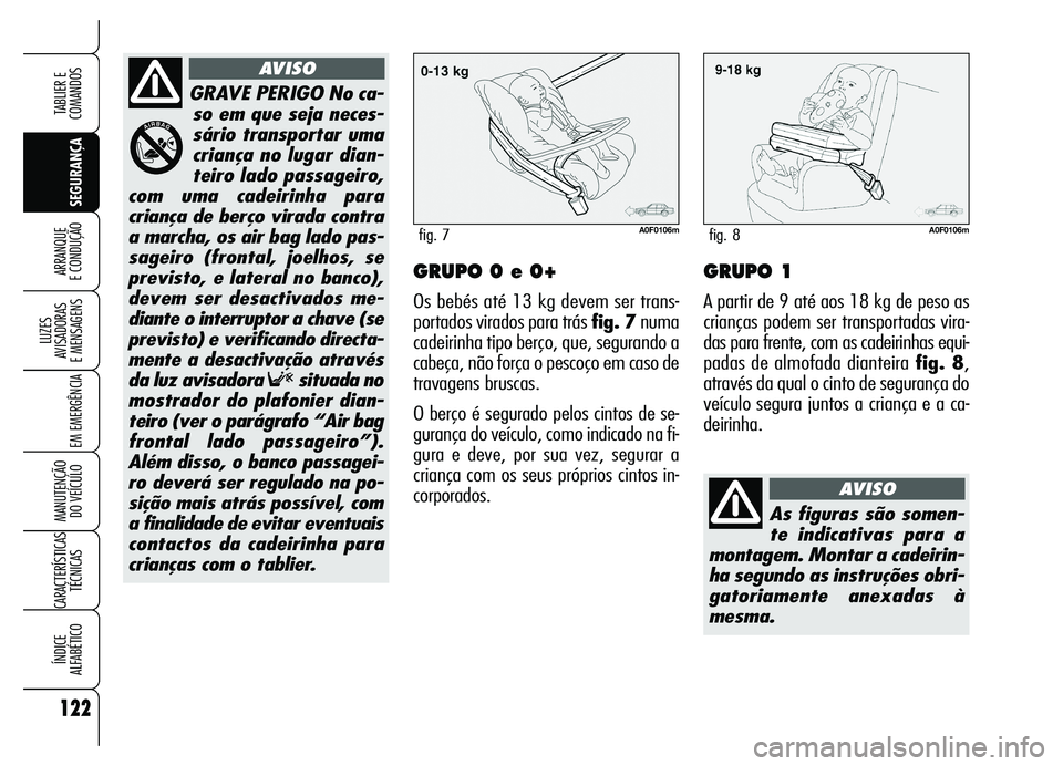 Alfa Romeo Brera/Spider 2007 Manual de Uso e Manutenção (in Portuguese) 122
SEGURANÇA LUZES
AVISADORAS
E MENSAGENS
EM EMERGÊNCIA
MANUTENÇÃO
DO VEÍCULO
CARACTERÍSTICAS
TÉCNICAS
ÍNDICE
ALFABÉTICO
TABLIER E
COMANDOS
ARRANQUE
E CONDUÇÃOGRUPO 0 e 0+
Os bebés a Alfa Romeo Brera/Spider 2007 Manual de Uso e Manutenção (in Portuguese) 122
SEGURANÇA LUZES
AVISADORAS
E MENSAGENS
EM EMERGÊNCIA
MANUTENÇÃO
DO VEÍCULO
CARACTERÍSTICAS
TÉCNICAS
ÍNDICE
ALFABÉTICO
TABLIER E
COMANDOS
ARRANQUE
E CONDUÇÃOGRUPO 0 e 0+
Os bebés a