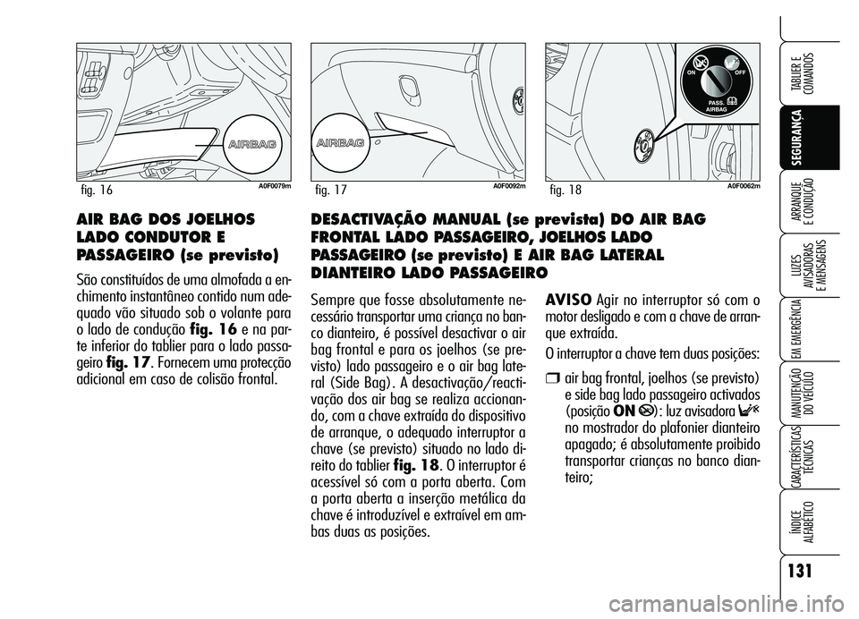 Alfa Romeo Brera/Spider 2007 Manual de Uso e Manutenção (in Portuguese) 131
SEGURANÇA LUZES
AVISADORAS
E MENSAGENS
EM EMERGÊNCIA
MANUTENÇÃO
DO VEÍCULO
CARACTERÍSTICAS
TÉCNICAS
ÍNDICE
ALFABÉTICO
TABLIER E
COMANDOS
ARRANQUE
E CONDUÇÃODESACTIVAÇÃO MANUAL Alfa Romeo Brera/Spider 2007 Manual de Uso e Manutenção (in Portuguese) 131
SEGURANÇA LUZES
AVISADORAS
E MENSAGENS
EM EMERGÊNCIA
MANUTENÇÃO
DO VEÍCULO
CARACTERÍSTICAS
TÉCNICAS
ÍNDICE
ALFABÉTICO
TABLIER E
COMANDOS
ARRANQUE
E CONDUÇÃODESACTIVAÇÃO MANUAL
